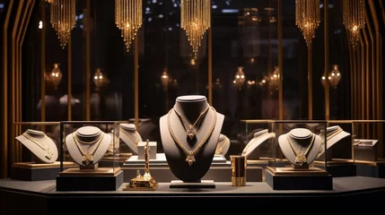 Fotobehang Jewelry diamond rings and necklaces show in luxury retail store window display showcase : Generative AI © Generative AI
