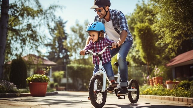 Learning, bicycle and proud dad teaching his young son to ride while wearing a helmet for safety in their family home garden. Active father helping and supporting his child while cycli : Generative AI