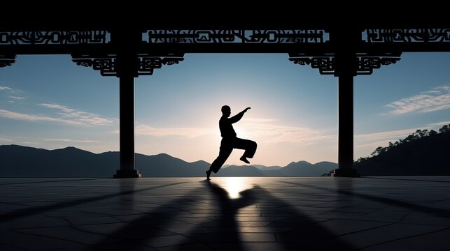 Silhouette of a man practicing tai chi at golden hour