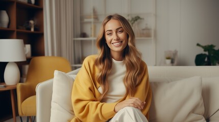 Happy young woman sitting on sofa at home and looking at camera. Portrait of comfortable woman in winter clothes relaxing on armchair. Portrait of beautiful girl smiling and relaxing d : Generative AI