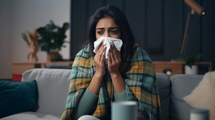 Unhappy sad young indian female in plaid suffering from fever and flu on sofa, blowing nose in napkin in living room interior. Covid-19 lockdown, treatment of illness, cold and runny,  : Generative AI