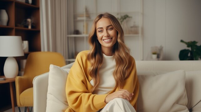 Happy Young Woman Sitting On Sofa At Home And Looking At Camera. Portrait Of Comfortable Woman In Winter Clothes Relaxing On Armchair. Portrait Of Beautiful Girl Smiling And Relaxing D : Generative AI