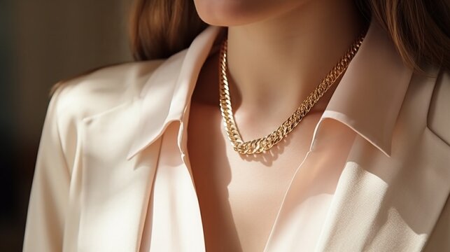 Close-up young woman in light beige jacket wearing golden chain necklace. Modern fashion details. Minimalist lifestyle : Generative AI