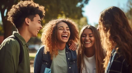 Fotobehang Milaan Group of multiracial best friends laughing together outdoor - Mixed race students having fun at college campus - Friendship, tourism, community, youth and university concept. : Generative AI