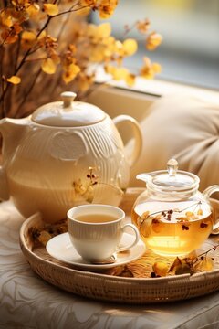 Tea concept with white tea set of cups and teapot with fresh tea on wooden background with copy space. : Generative AI