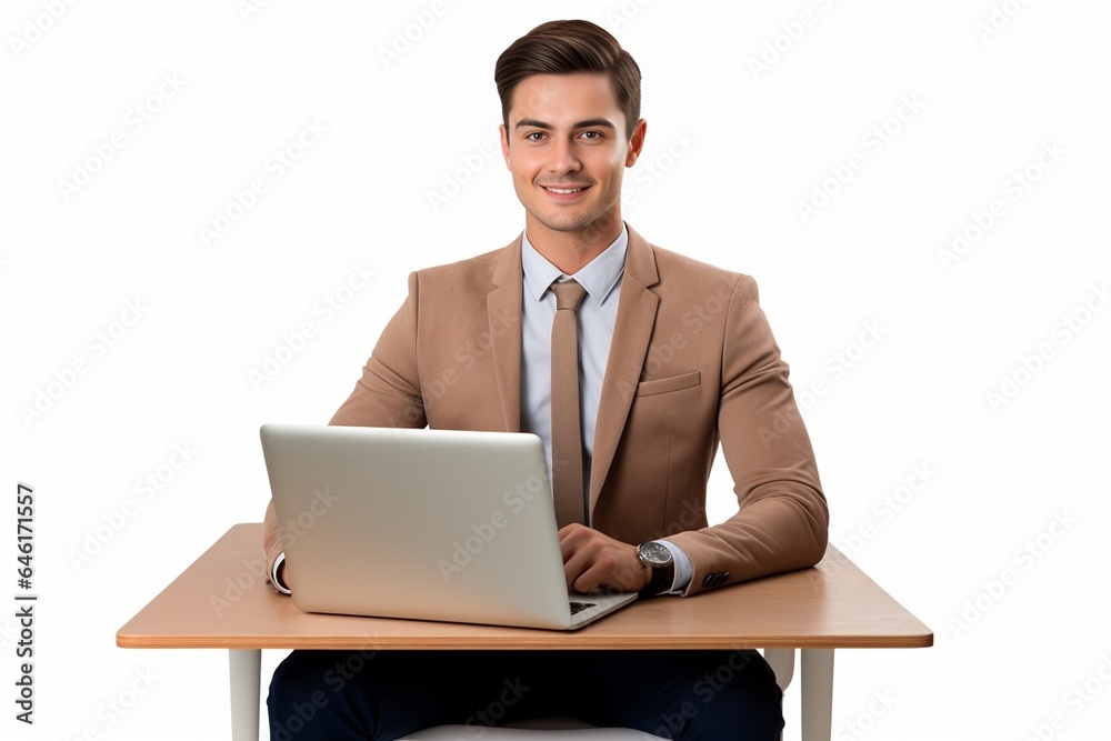 Aufkleber young smiling businessman sitting in office chair and working on laptop computer isolated on white b