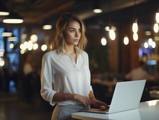 Fototapeta premium Beautiful young concentrated business woman wearing shirt using laptop while standing in modern workspace : Generative AI