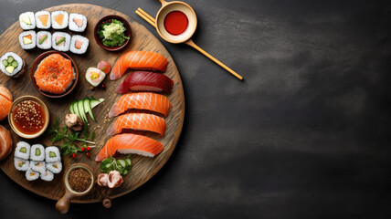 elegant portrayal of Japanese cuisine, showcasing a sushi set on a wooden tray from a top view, leaving room for your own text or design. - obrazy, fototapety, plakaty
