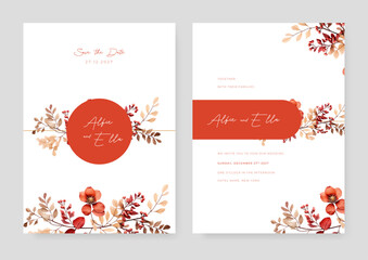 Red violet modern wedding invitation rustic boho watercolor template with floral and flower