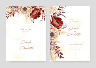 White and red peony modern wedding invitation rustic boho watercolor template with floral and flower © SyahCreation
