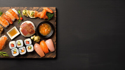 overhead view captures the elegance of Japanese sushi cuisine, set beautifully on a wooden tray, offering room for your own text or design