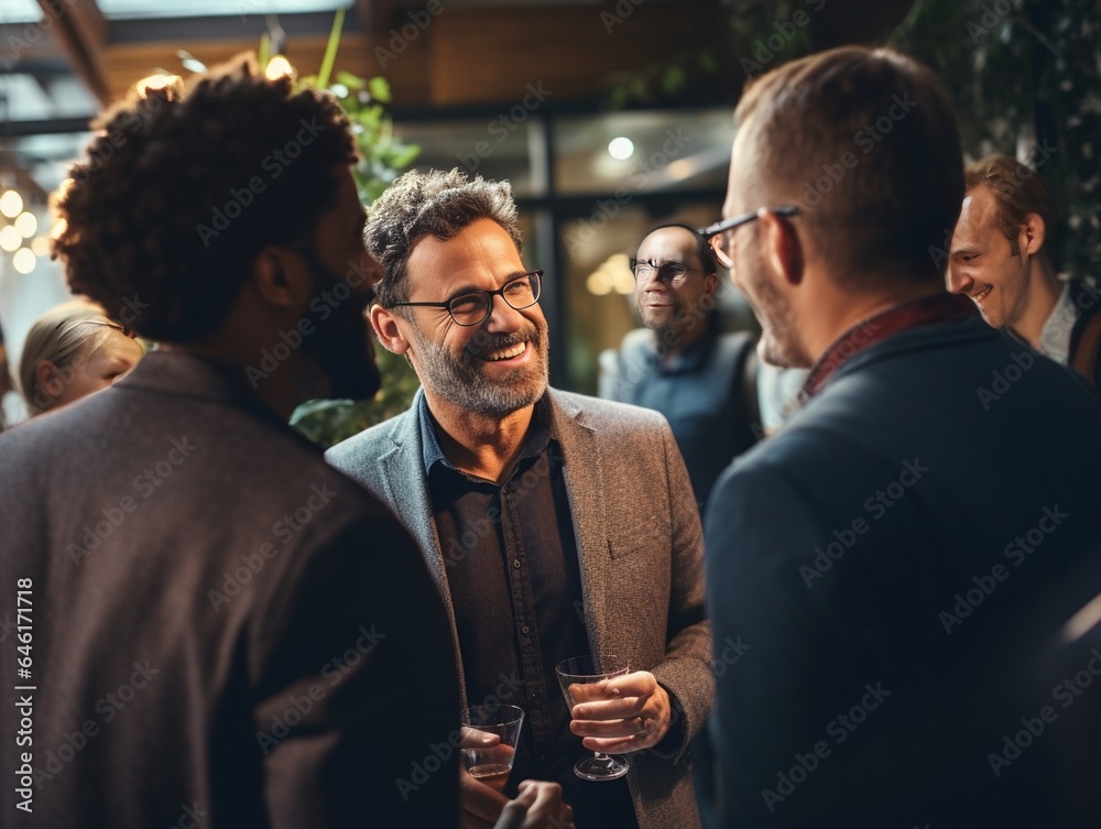 Aufkleber Creative men talking at networking event, sharing startup ideas and discussing new innovation at business conference. Diverse group of people meeting, collaborating or having a convers : Generative AI