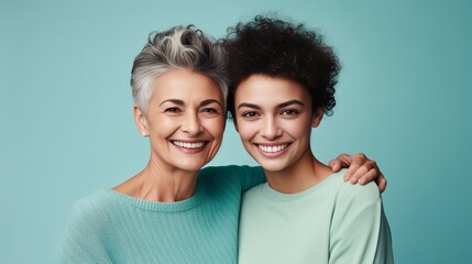 Cheerful lovely fun satisfied elder parent mom with young adult daughter two women together wearing casual clothes hugging cuddle look camera isolated on plain blue cyan background. Fa : Generative AI