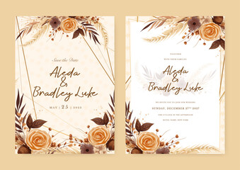 orange rose modern wedding invitation rustic boho watercolor template with floral and flower