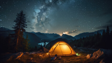 setting up camp in the mountains during the evening.