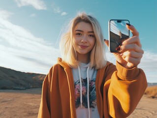 Teenage girl filming video of herself on mobile phone : Generative AI - obrazy, fototapety, plakaty