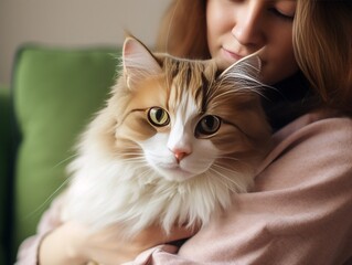 Portrait of young woman holding cute siberian cat with green eyes. Female hugging her cute long hair kitty. Background, copy space, close up. Adorable domestic pet concept. : Generative AI