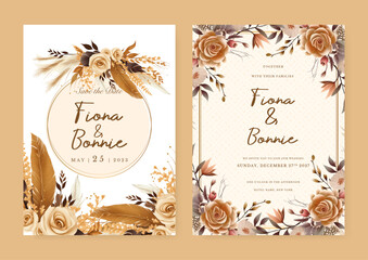 Beige rose modern wedding invitation rustic boho watercolor template with floral and flower