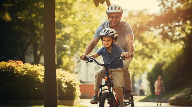 Learning, bicycle and proud dad teaching his young son to ride while wearing a helmet for safety in their family home garden. Active father helping and supporting his child while cycli : Generative AI