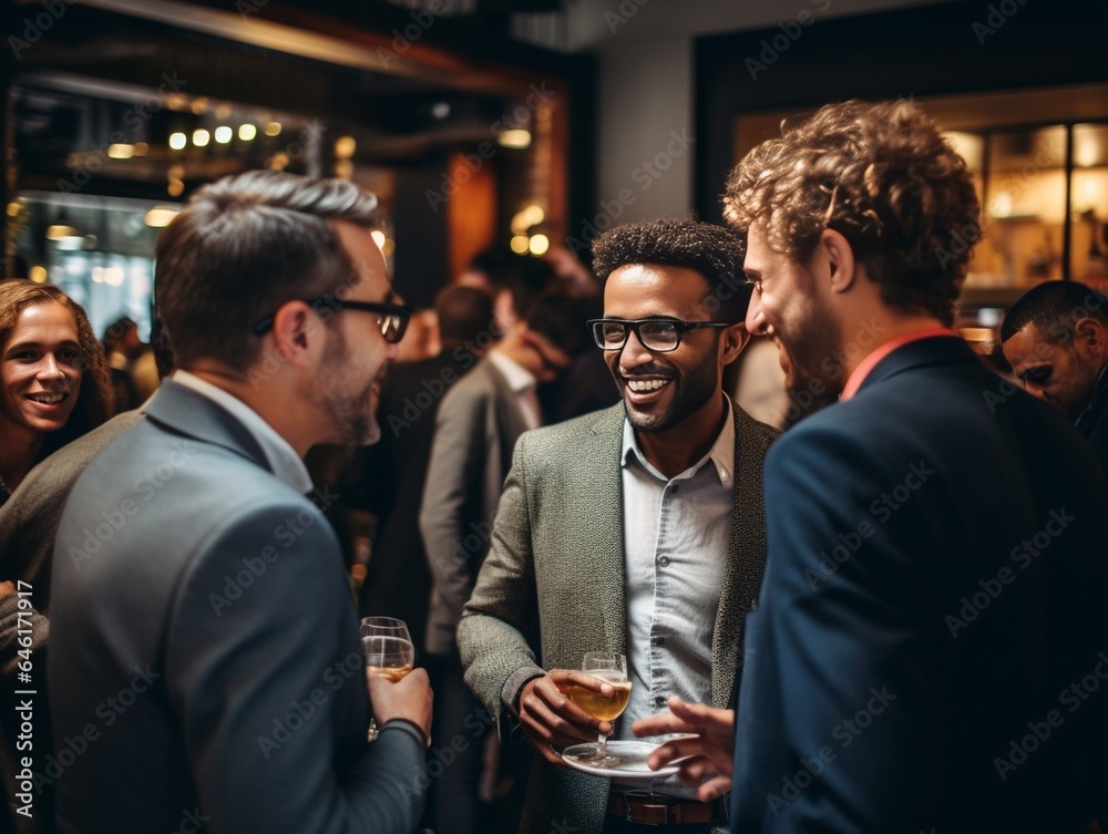 Poster creative men talking at networking event, sharing startup ideas and discussing new innovation at bus