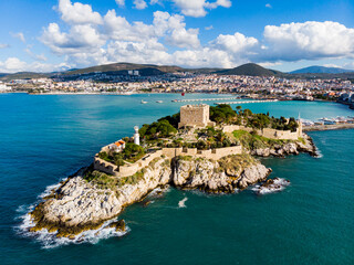 Fototapeta na wymiar Pigeon Island with Pirate castle. Kusadasi harbor. Aegean coast of Turkey. High quality photo