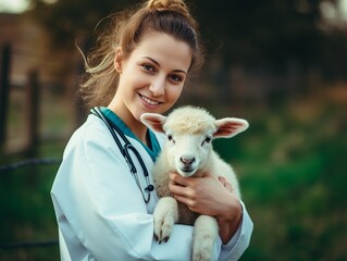 Lamb, baby animal and vet woman at a farm or zoo for health and wellness of farming animals with care and medical help. Veterinary, nurse or doctor in countryside for healthcare of she : Generative AI