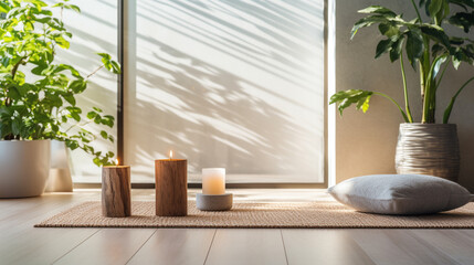  Yoga mat in a peaceful environment in modern house.