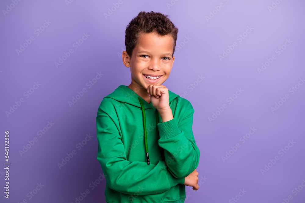 Canvas Prints Photo of dreamy thoughtful small boy wear green sweatshirt smiling arm chin isolated violet color background