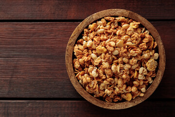 Nutty Granola Snack on Wooden Boards. Top View