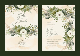 White poppy modern wedding invitation rustic boho watercolor template with floral and flower