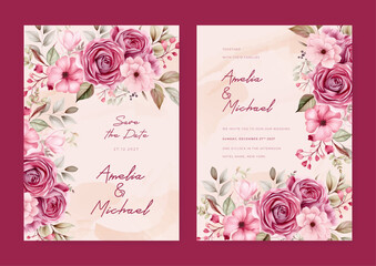 Pink rose modern wedding invitation rustic boho watercolor template with floral and flower
