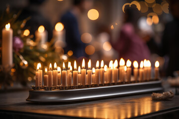 A person documents the lighting of the Hanukkah menorah, capturing the glow of the candles and the joyous celebration of this special tradition. Generative Ai.