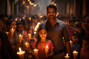 Fototapeta na wymiar A family participates in a candlelight procession during Diwali, observing the Hindu tradition of celebrating light over darkness. Generative Ai.