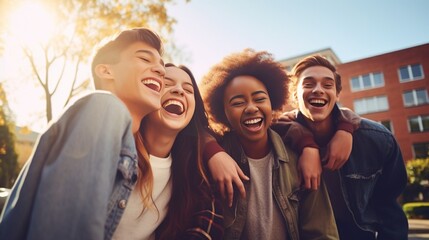 Diverse group of happy young best friends having fun taking selfie photo together - International youth community people concept with multiethnic teenage people smiling at camera on se : Generative AI