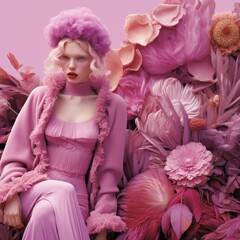 Floral Scene, Pink and Light Purple, Weird Surreal Fashion Studio Portrait, White Pink Hair, Pop...