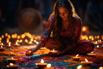 A person documents the intricate and colorful Rangoli patterns created during Diwali, reflecting the beauty and symbolism of this cherished tradition. Generative Ai.