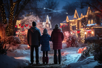 A person captures the enchanting scene of a family's holiday light display, showcasing the beauty and creativity that illuminate the winter nights. Generative Ai.