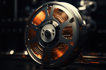 Fototapeta premium A film reel juxtaposed with a digital streaming logo, symbolizing the transition from analog to digital. Generative Ai.