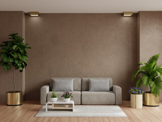 Living room interior wall mockup in warm tones with sofa on empty wall background.