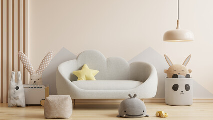 Mockup wall in the children's room with sofa on wall cream color background.
