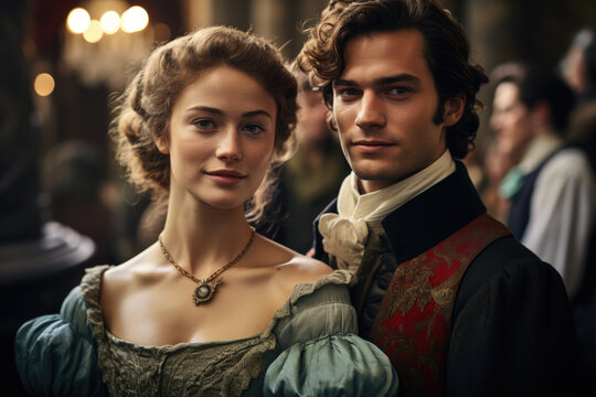 Actors in period costumes during a historical film shoot, depicting the art of cinematic transformation. Generative Ai.