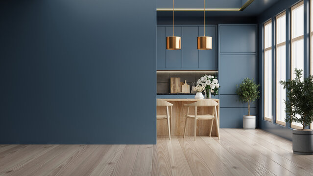 Mockup dark blue wall in kitchen and minimalist interior design.