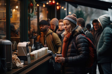 Shoppers huddled around a coffee stand, taking a break from the Black Friday rush. Generative Ai.