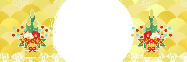 新春バナー  門松 ゴールド ベクター テンプレート ( 背景イラスト,ポスター,フレーム,和風,1:3,コピースペース)