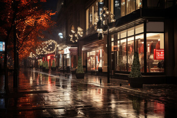 Obraz premium Storefronts illuminated with Black Friday signage, signaling the start of the holiday shopping season. Generative Ai.