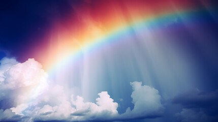 Colorful rainbow in the blue sky with white clouds and sun rays