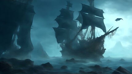 Fototapeta premium 海賊船、幽霊船、背景｜pirate ship, ghost ship, background. Generative AI
