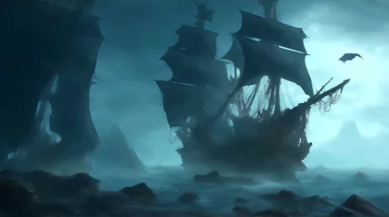 Gordijnen 海賊船、幽霊船、背景｜pirate ship, ghost ship, background. Generative AI © happy Wu 