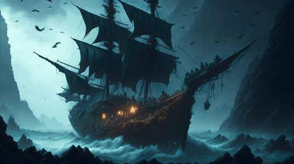 海賊船、幽霊船、背景｜pirate ship, ghost ship, background. Generative AI