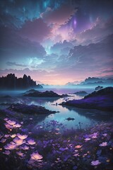 Fototapeta na wymiar Purple Sunset at the Misty Pond. Generative AI